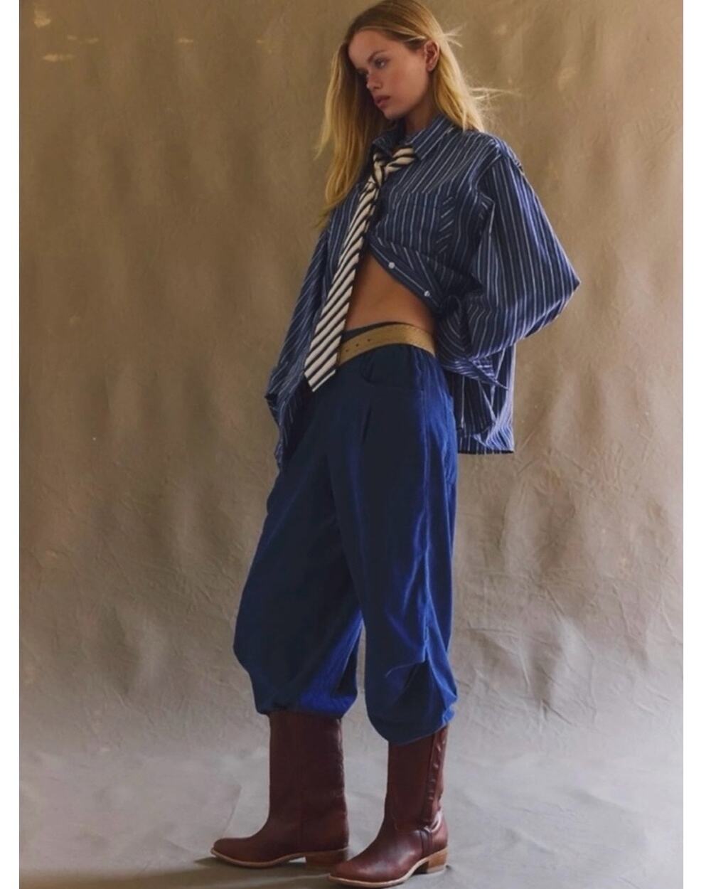 Free People XL Nice Choice Cord Jeans Navy Blue Barrel Harem Pull On Corduroy